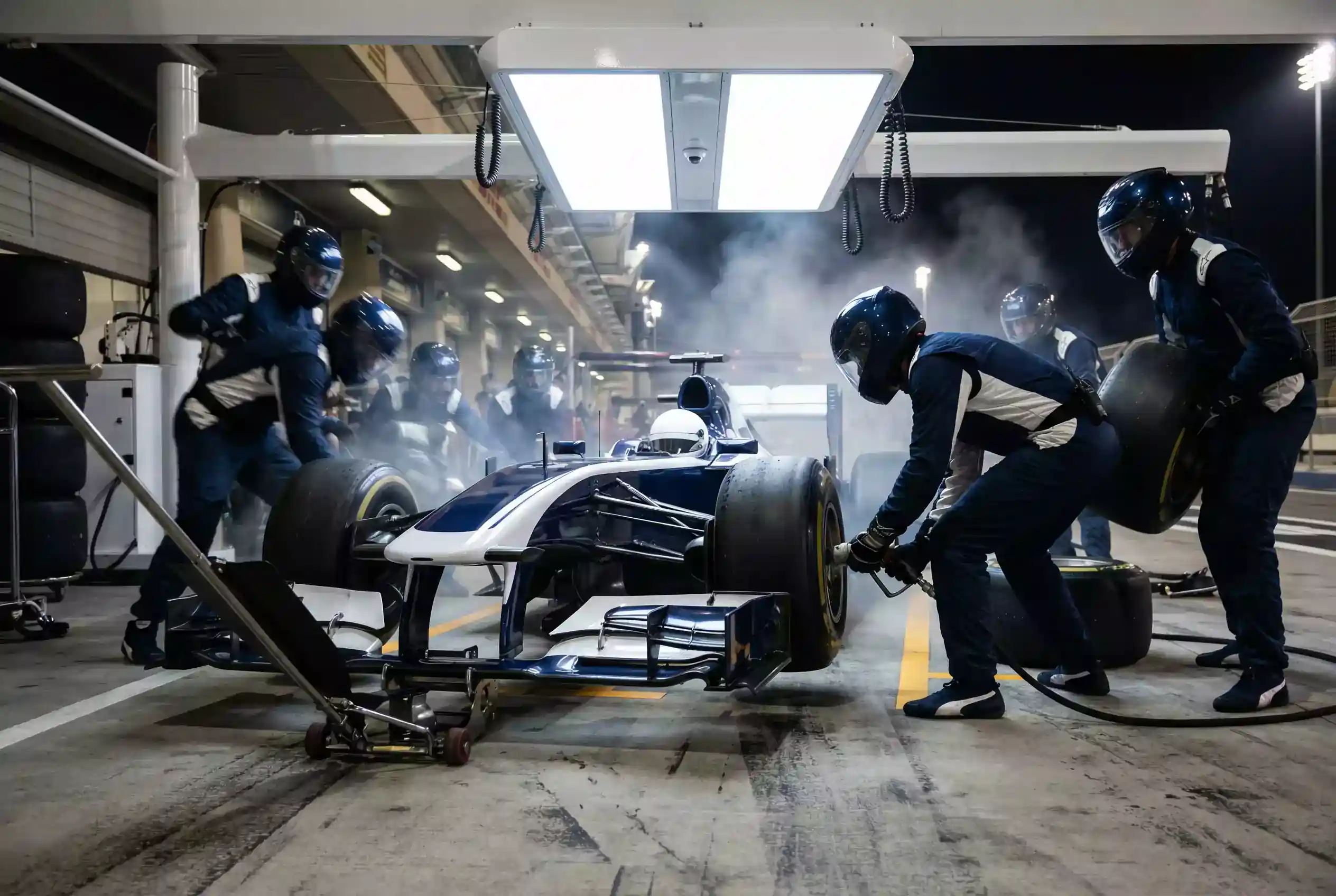 Mecánicos de Fórmula 1 realizando un pit stop durante una carrera con neumáticos preparados
