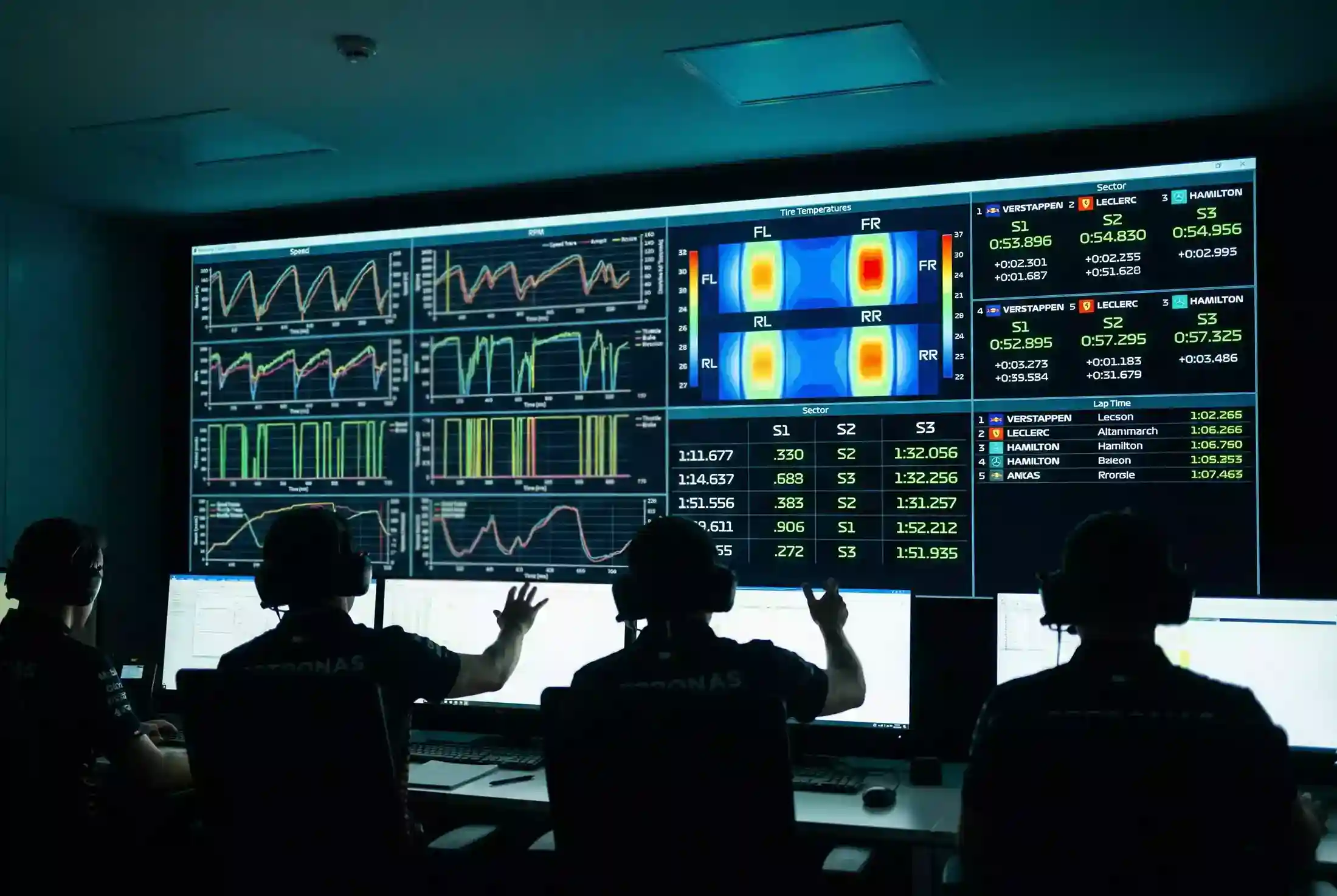Pantalla de telemetría de Fórmula 1 mostrando datos en tiempo real de un monoplaza durante una carrera